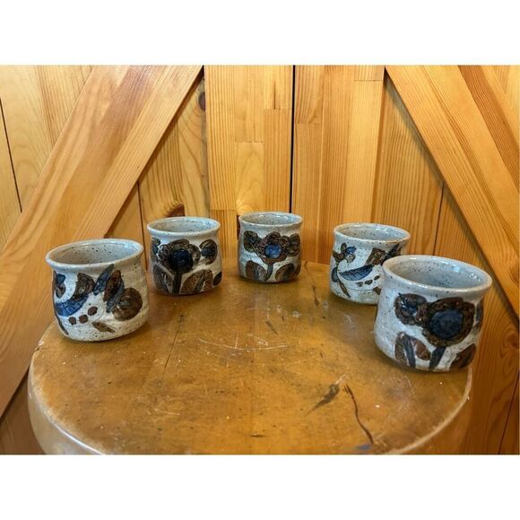 Vintage MCM Otagiri Stoneware Floral Sake Tea Cups Handcrafted Japan Set of 5 (8 - Picture 3 of 8